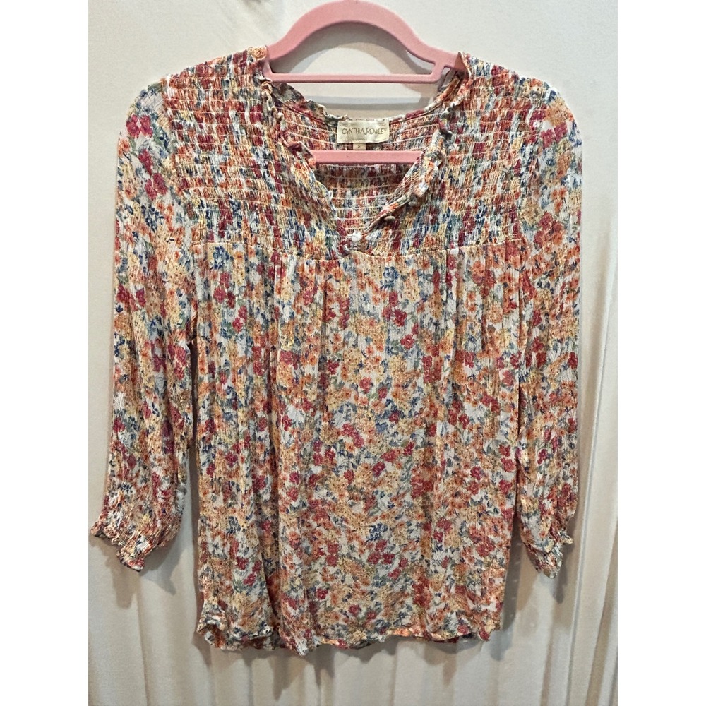 Cynthia Rowley Floral Print Smocked‎ Top Blouse Small Boho Chic Ruffle Neck